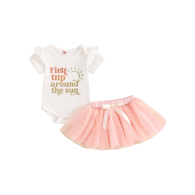 EYIIYE Bambin 2 Pièces Bébé Filles Princesse Ensemble 6M 12M 18M Bébé Manches Courtes Combinaisons Volants Côtelés Lettre Impression Col Rond Rompers Arc Gaze Jupe Tenues d'Été Occasionnels pour Fête Quotidienne