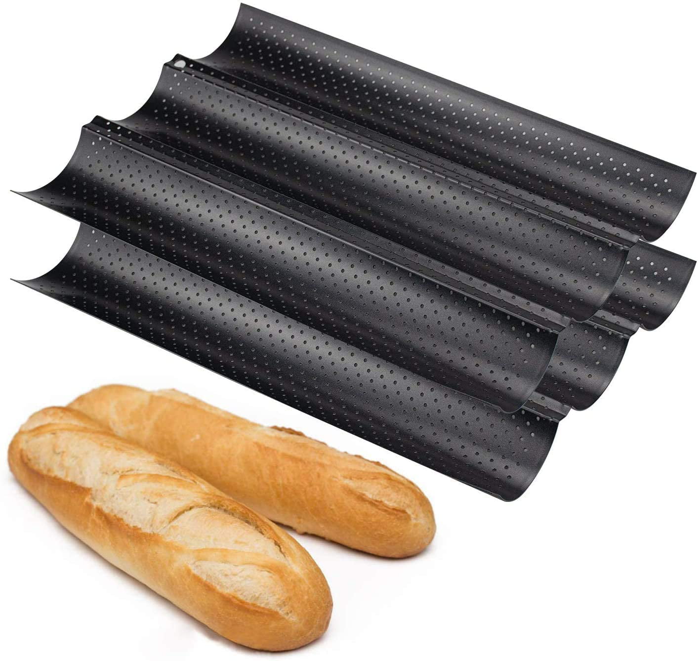 Black Perforated Baguette Pan Baguette Pans For Baking French Bread Baking 3 Wave Loaves Loaf Bake Mold Toast Cooking Bakers Molding 3 Gutter Oven Toaster Pan 