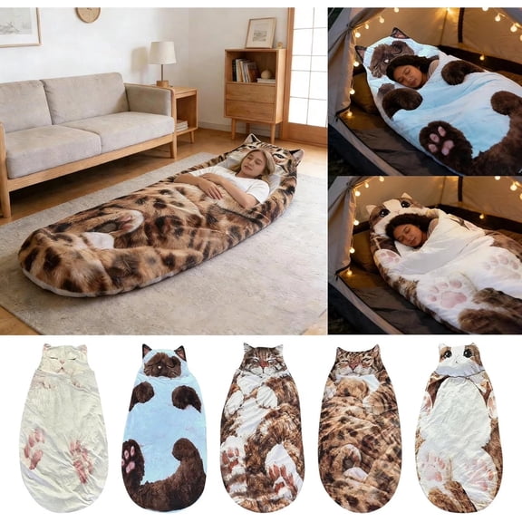 Plush Cat Envelope Sleeping Bag for Camping, Adorable Cats Envelopes Sleeping Bag, Adult Soft Sleeping Bag, Sleepovers & Home Lounging, Washable Warm Blanket