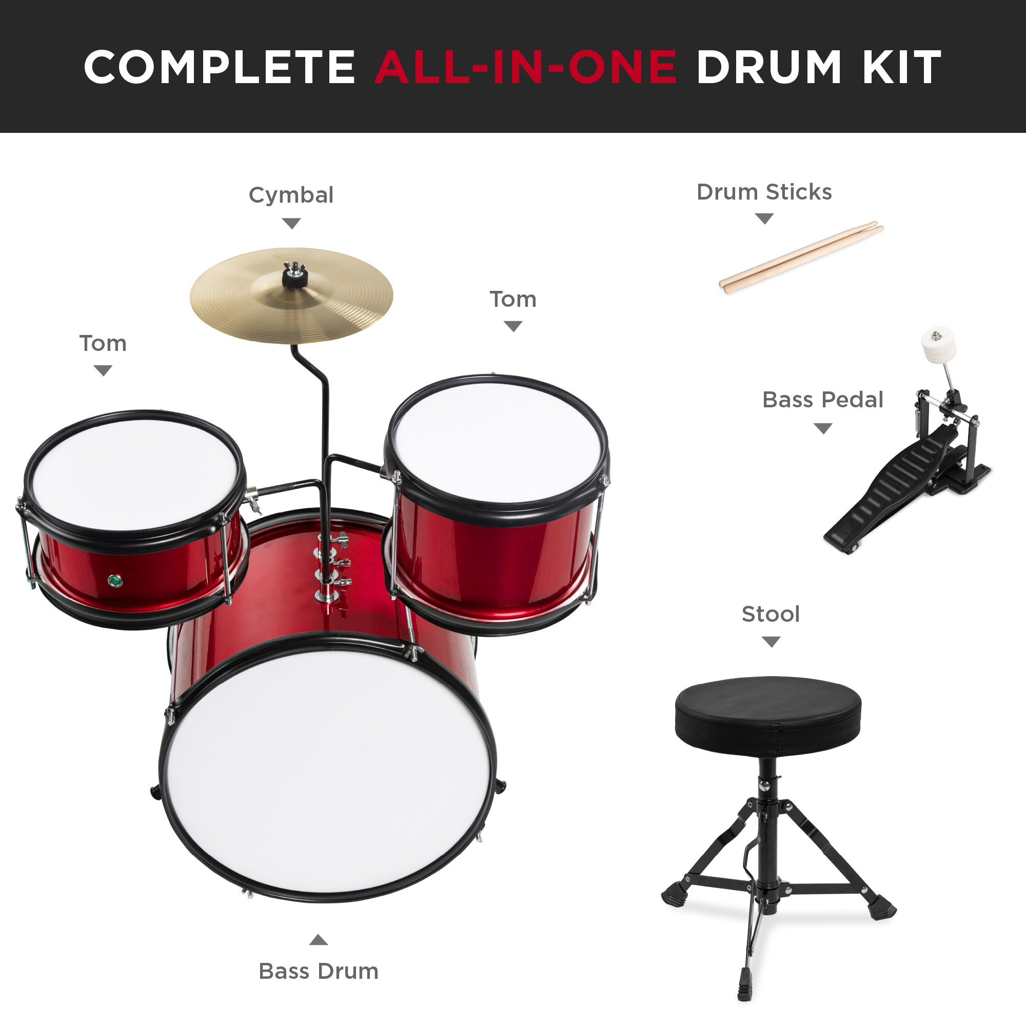 Best Choice Products Kids Beginner 3-Piece Drum, Musical Instrument Set w/ Sticks, Cushioned Stool, Drum Pedal - Red - image 5 of 6