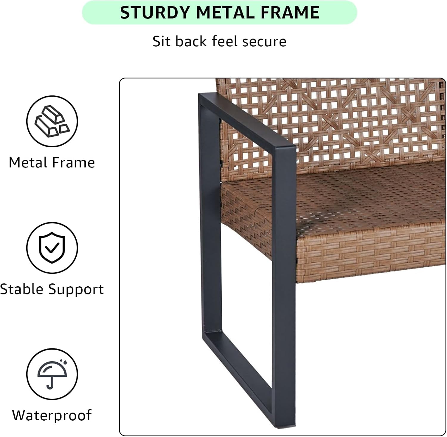 4-Piece Outdoor Patio Furniture Set, Acacia Wood Table Top, Light Brown Rattan with Black Cushions