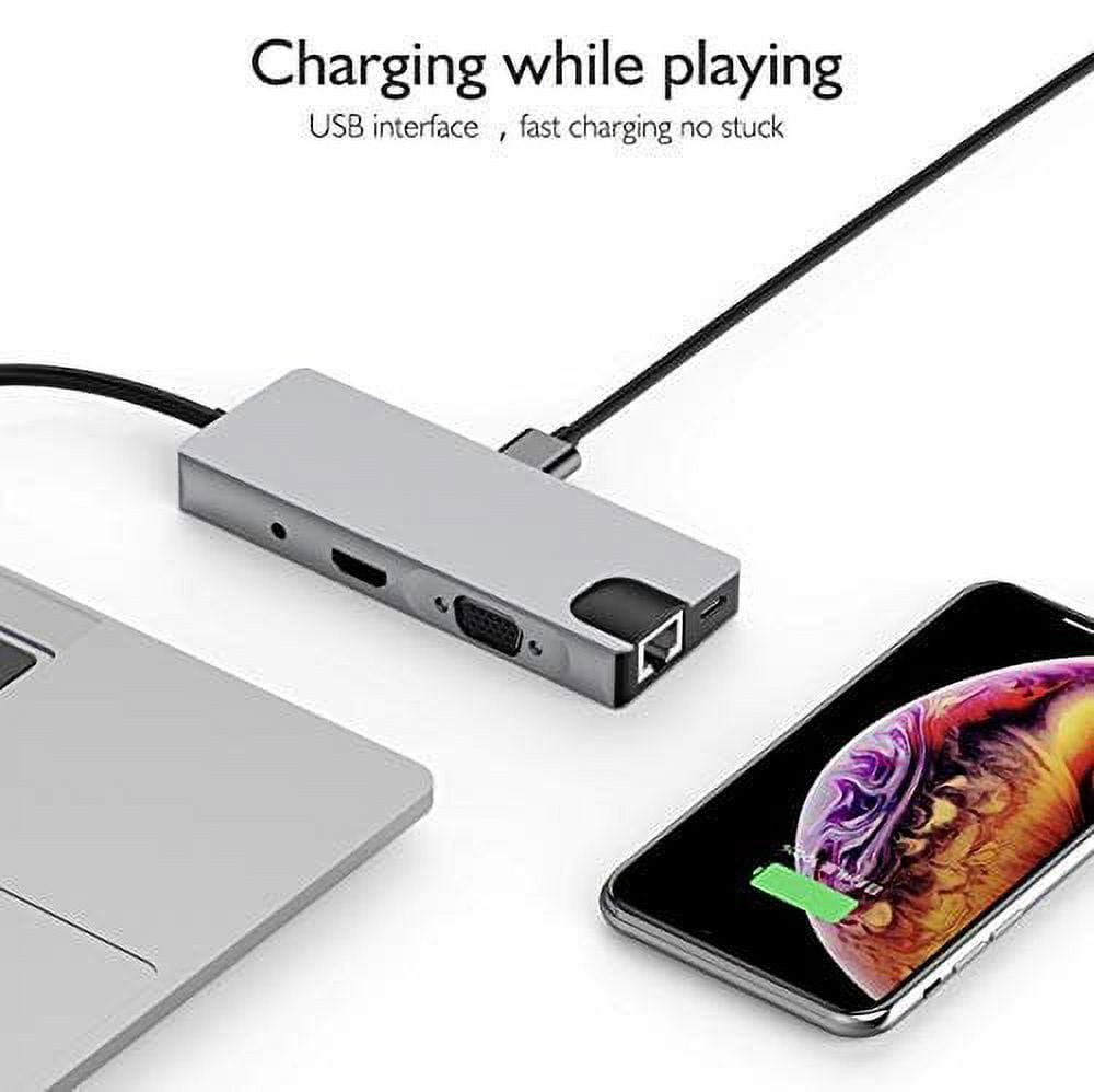 THYMOBO 9 in 1 USB C to USB Hub, USB Type C Adapter w. 2 USB 3.0 Ports, SD Micro SD, RJ45, Audio, VGA, USB C to HDMI & USB C Charging Port, Compatible MacBook Pro Nintendo Switch Type C Laptop - Grey