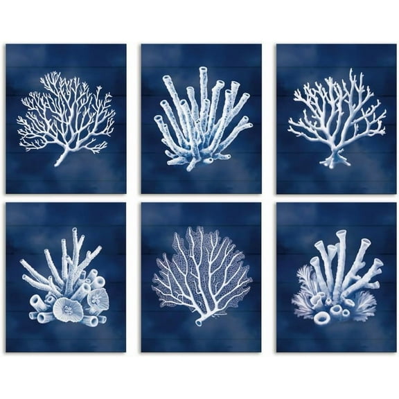 6 Pack Coral Unframed Waterproof Canvas Wall Art Decor 8" x 10"Ocean Navy Blue Coastal Canvas Wall Poster for Beach Bathroom Home Office Decor