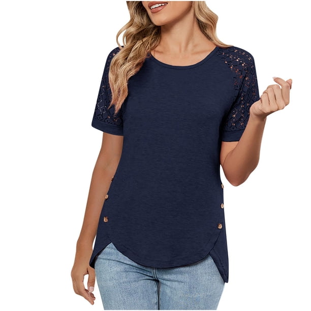 Blusas de Trabajo de las Mujeres Color Sólido Encaje Patchwork Botón Blusa Casual 95% Poliéster 5% Spandex, Top de Doblado Irregular para el Uso Diario