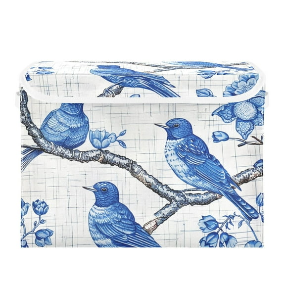 Blue Birds Floral Porcelain Foldable Storage Bin with Lid and Handle Collapsible Storage Box 16.5 x 12.6 x 11.8 inches