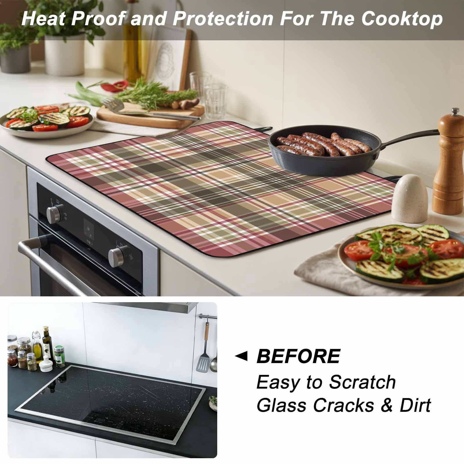 Buffalo Plaid Stove Top Cover for Electric Stove, Heat-proof & Non Slip Glass Top Stove Cover Protector, Modern Farmhouse Colorful Checkered Kitchen Flat Cooktop Rubber Mat 24x21 Inches