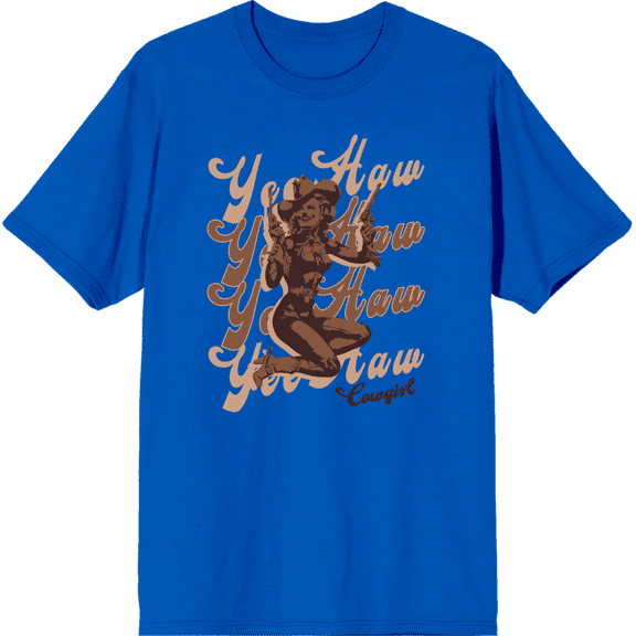 Yeehaw! Pin Up Cowgirl Adult Royal Blue Crew Neck Short Sleeve Tee-Medium