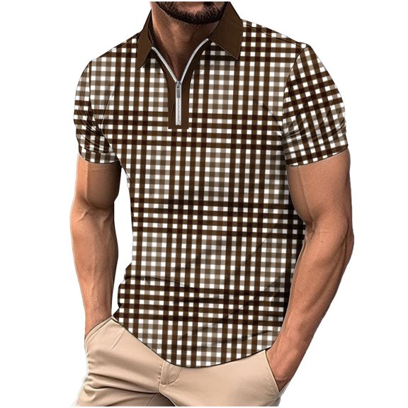 UVEASISHA Mens 1/4 Zip Golf Shirts,Mens Polos Shirts Quarter Zip Shirts Casual Stripe Summer Lightweight Short Sleeve Golf Collared Shirt,Brown M