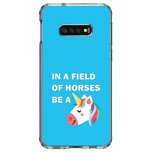 DistinctInk Clear Shockproof Hybrid Case for Samsung Galaxy S10e (5.8" Screen) - TPU Bumper, Acrylic Back, Tempered Glass Screen Protector - In a Field of Horses, Be a Unicorn - Blue