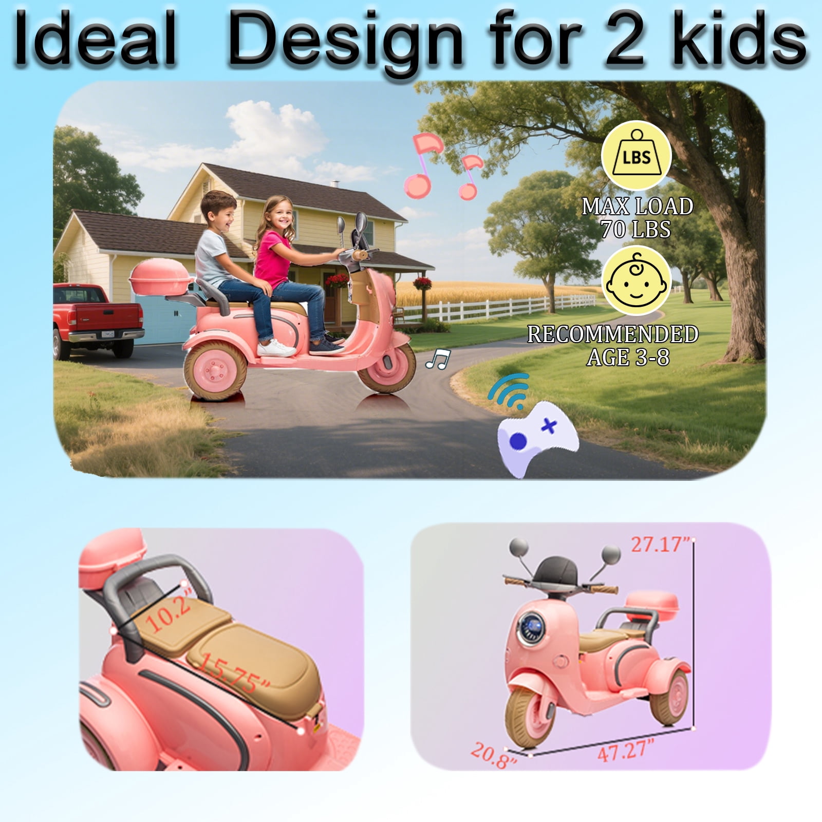FINITO 12V 2 Seater Kids Electric Motorcycle, 3 Wheel Electric Bike with Storage Box, Bluetooth Music, LED Light, 2WD Electric Motorcycle for Kids, Pink