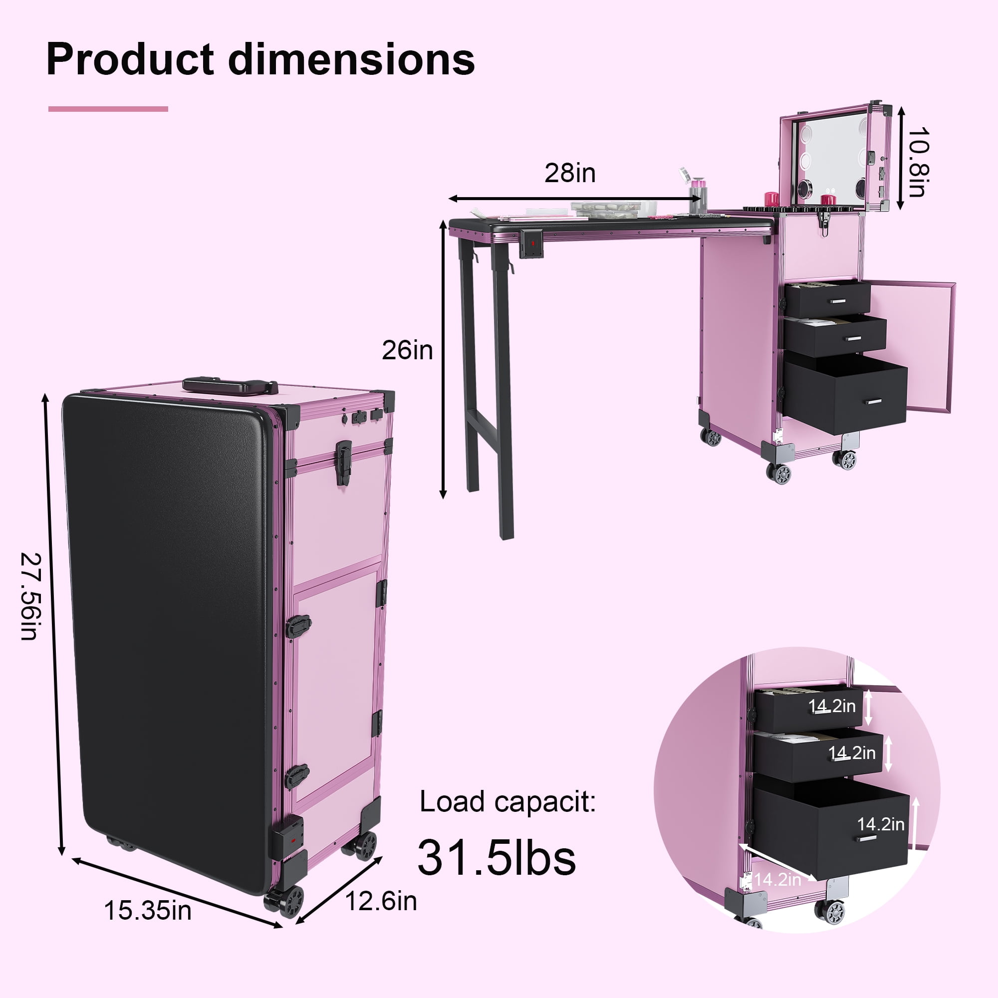 Aukfa Rolling Portable Manicure Table,Folding Nail Table with LED Mirro,Wireless Speaker & Lockable Drawers for Home & Mobile Salon,Pink