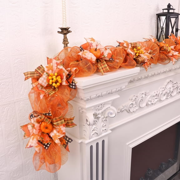 Waipfaru 6 ft Fall Garland for Mantel,Autumn Pumpkin Mesh Garland with Berries & Plaid Ribbons,Thanksgiving Mantel Decorations for Fireplace,Table Centerpiece Home Decor