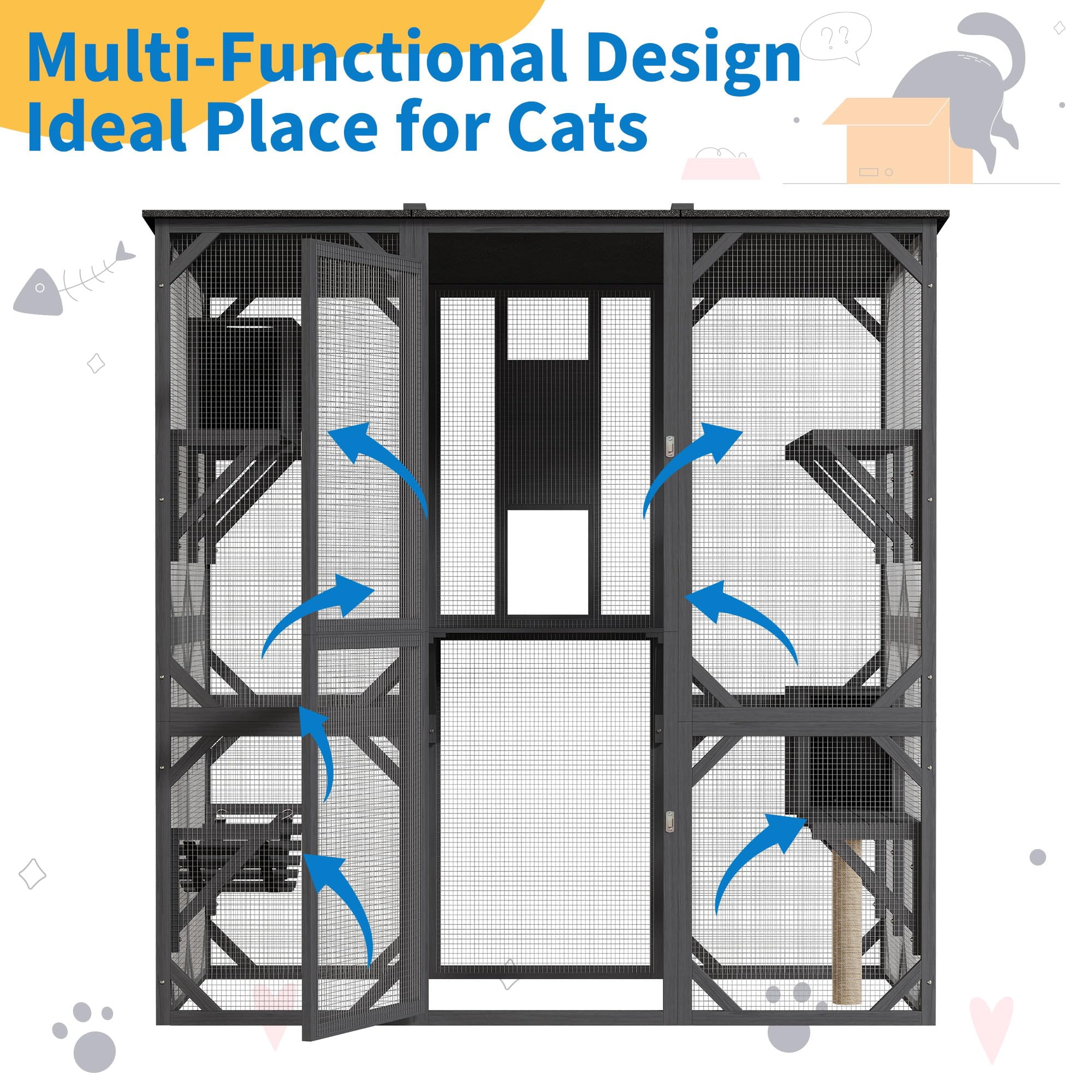 Ataucjin Walk-in Window Catio Outdoor,70'' Wooden Cat Enclosure for Mulitiple Cats with Waterproof Roof,Feral Cat Shelter with Platforms,Hammock, Scratching Post and Resting Box,Walk in Cat Kennel