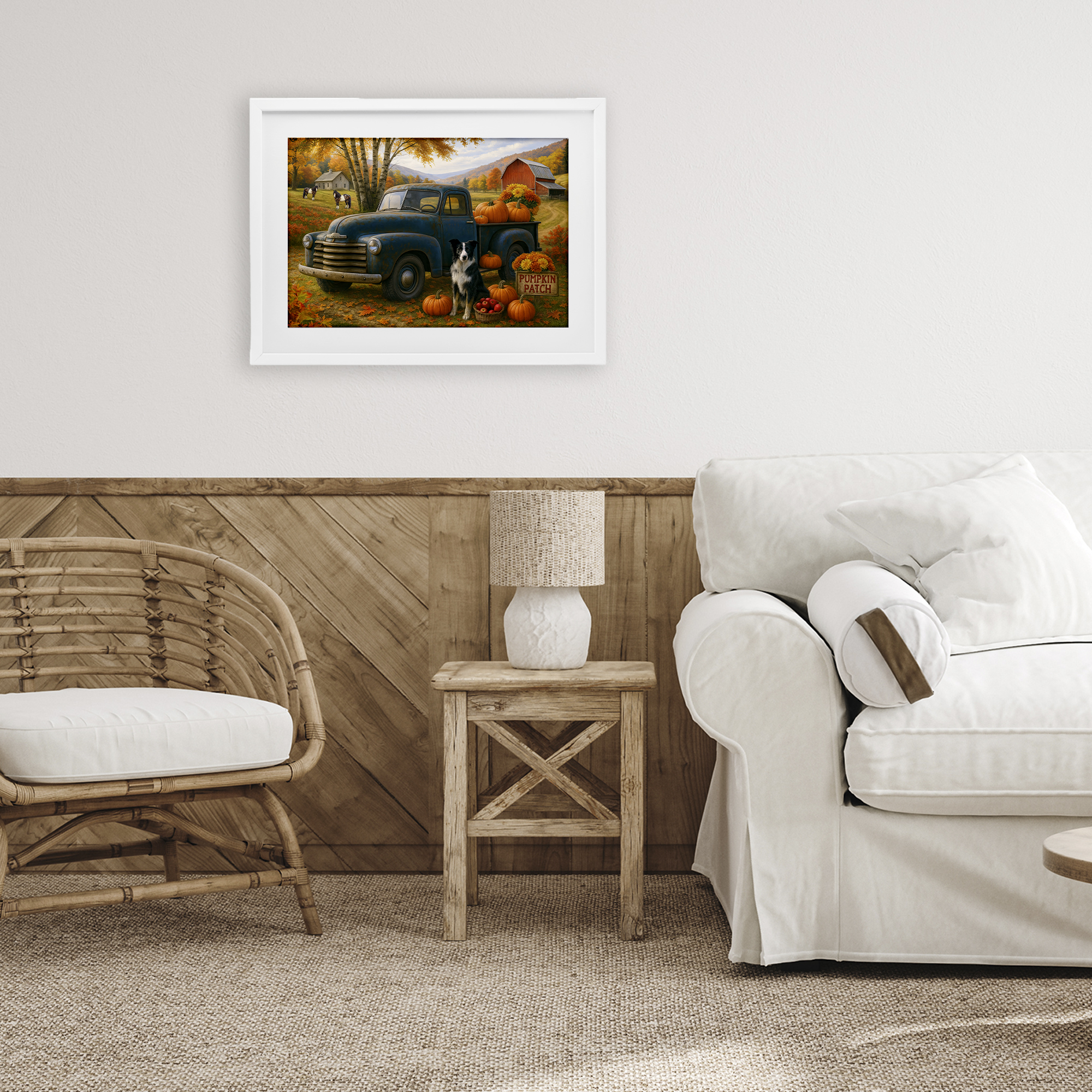 Autumnal Farmland Collie Dog White Framed Print Under Glass, design by Tom Crehan