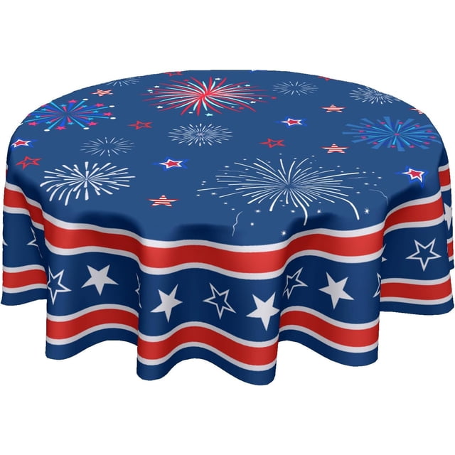 4th of July Tablecloth Round Patriotic Star Celebration Firework Table Cloths Circular Independence Day Table Cover Waterproof Polyester Tabletop for Dining Kitchen Party Decor 60 Inch