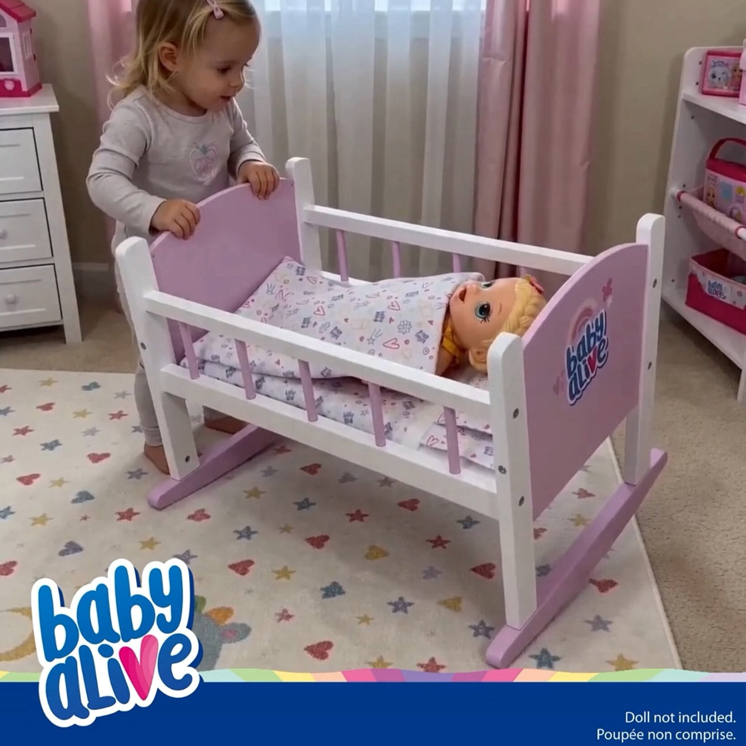 509 Crew: Baby Alive - Wooden Doll Cradle - Pink-White-Purple, Rocking Bed, Pillow & Blanket, Doll & Plush Sleeping Accessory, Roleplay Toy, Kids 3+