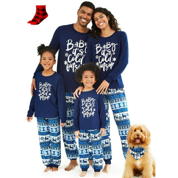 PatPat Womens Pajama Sets Family Christmas Pajamas 2 Piece Long Sleeve Mosaic Letter Top Reindeer Pants Set Christmas Pjs Jammies Casual Loungewear Set with Socks Women M