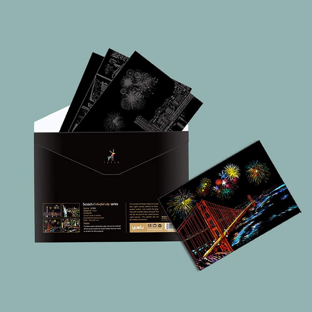 Scratch Painting Kits for Adults & Kids, Rainbow Painting Night View Scratchboard(A4), Crafts Set: 8 Sheets Scratch Cards with 6 Tools in Bag - New York, Statue of Liberty, Seattle(America/Europe)
