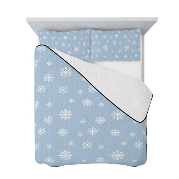Twin Quilt Bedding Set, Christmas White Snowflakes Soft Microfiber Summer Bedspread Coverlet with 2 Pillow Shams for All Season, Minimalist Blue Background Breathable Bedding Set for Hot Sleepers