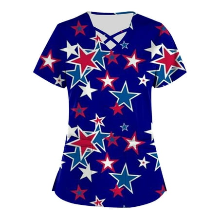 

Patriot Special! HIMIWAY Shirt for Women Patriot Print Plus Size Patriot Printed Scrub Working Uniform Tops For Women Cross V-Neck Short Sleeve Fun T-Shirts Workwear Tee With Pockets Dark Blue M