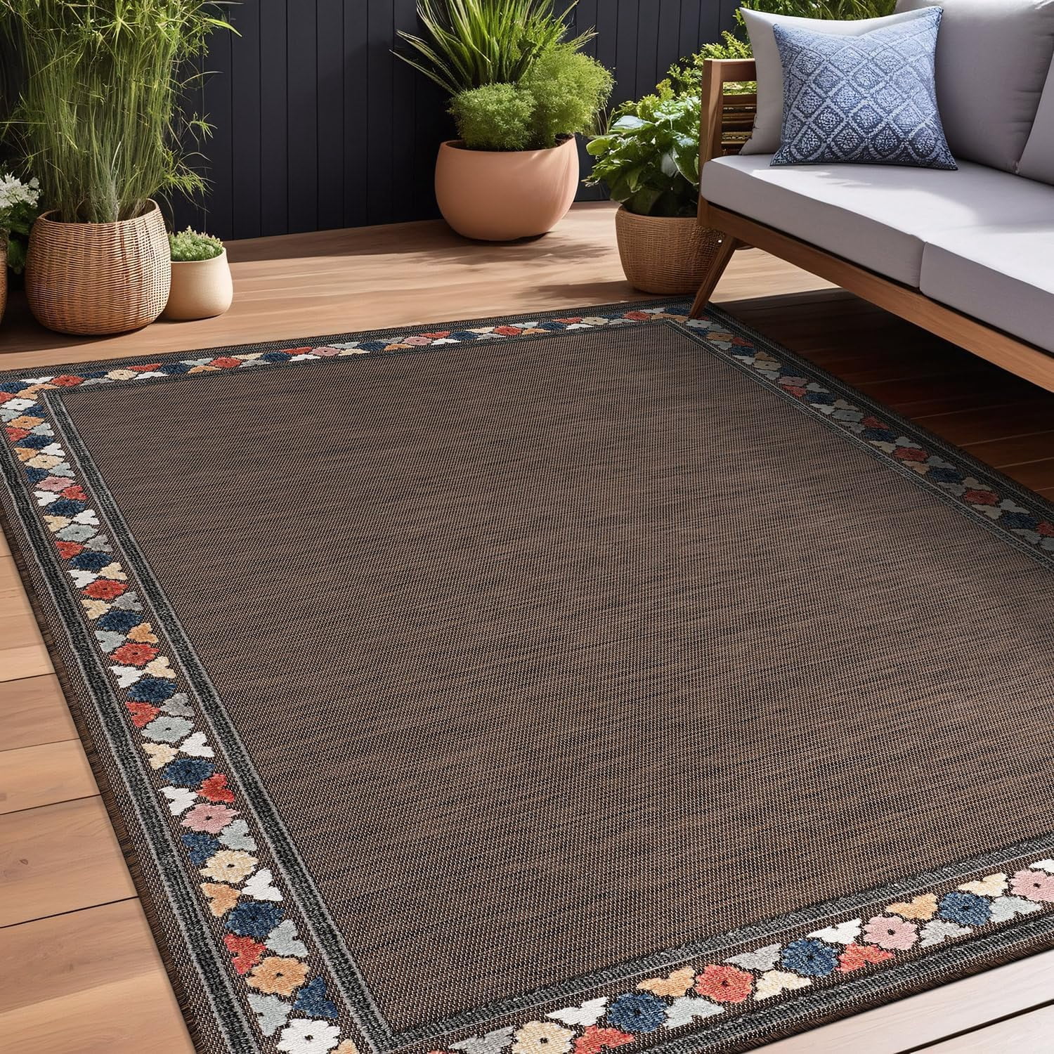 Beverly Rug Outdoor / Indoor Area Rugs Patio Porch Garden Carpet Bordered/Brown 5x7