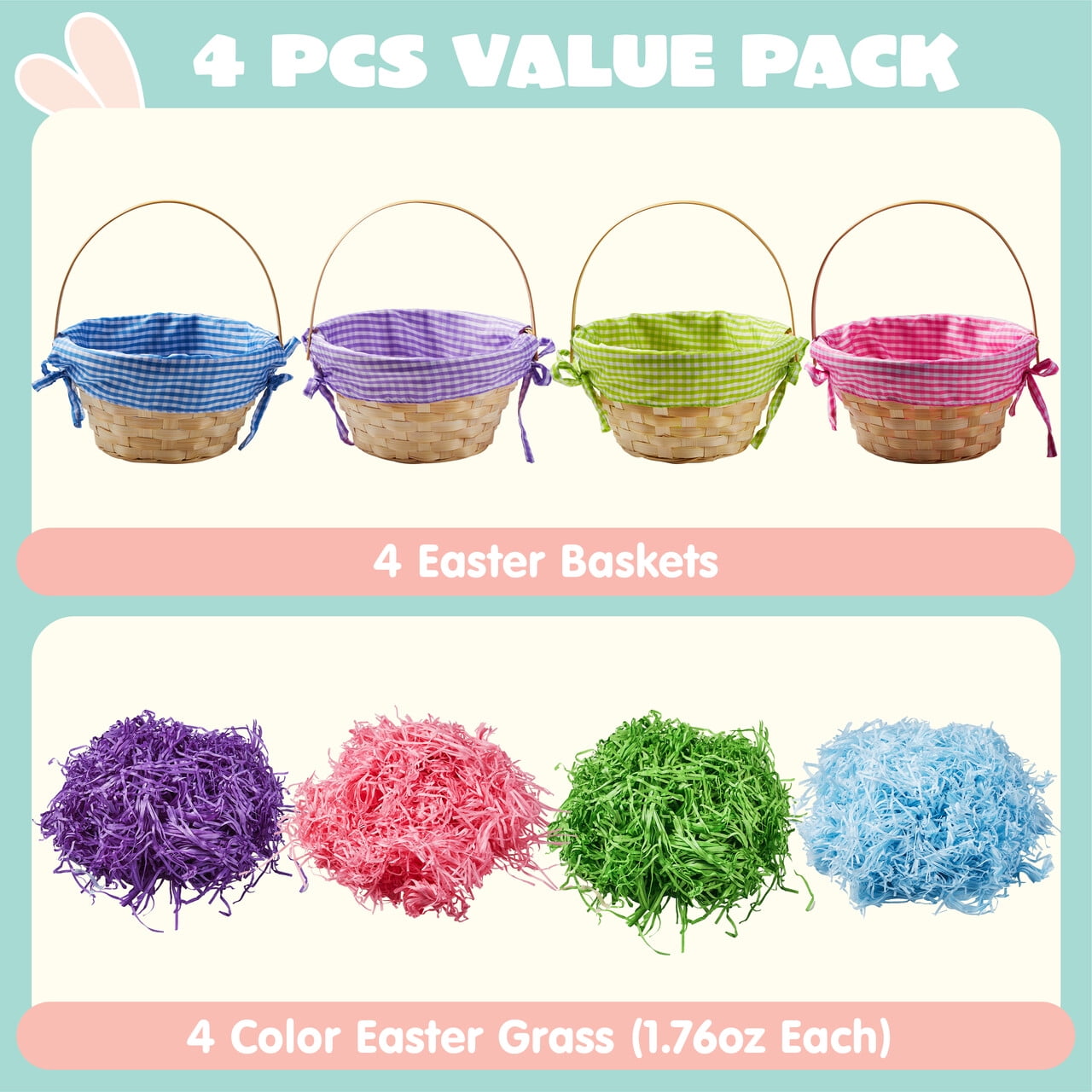 Joyfy 4 Pcs Easter Baskets with 4 Colors Grass Paper Shreds, Easter Woven Basket with Handles for Kids, (9" X 8") Easter Baskets for Easter Egg Hunt, Filling with Party Favors