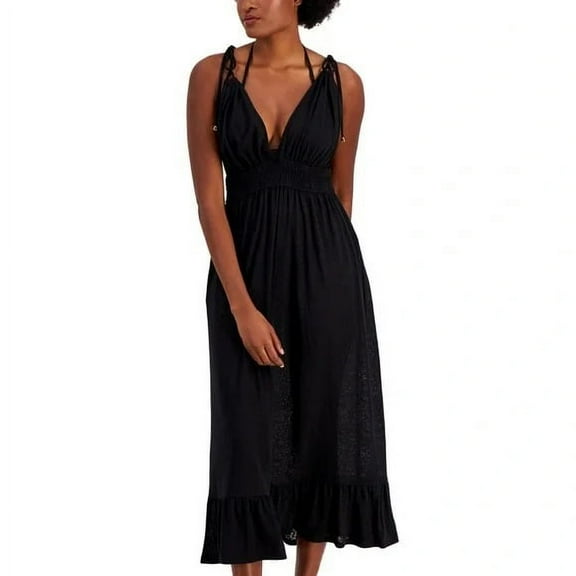 Miken BLACK Women's Smocked V Neck Midi Dress Cover-up, US XS, NWOT