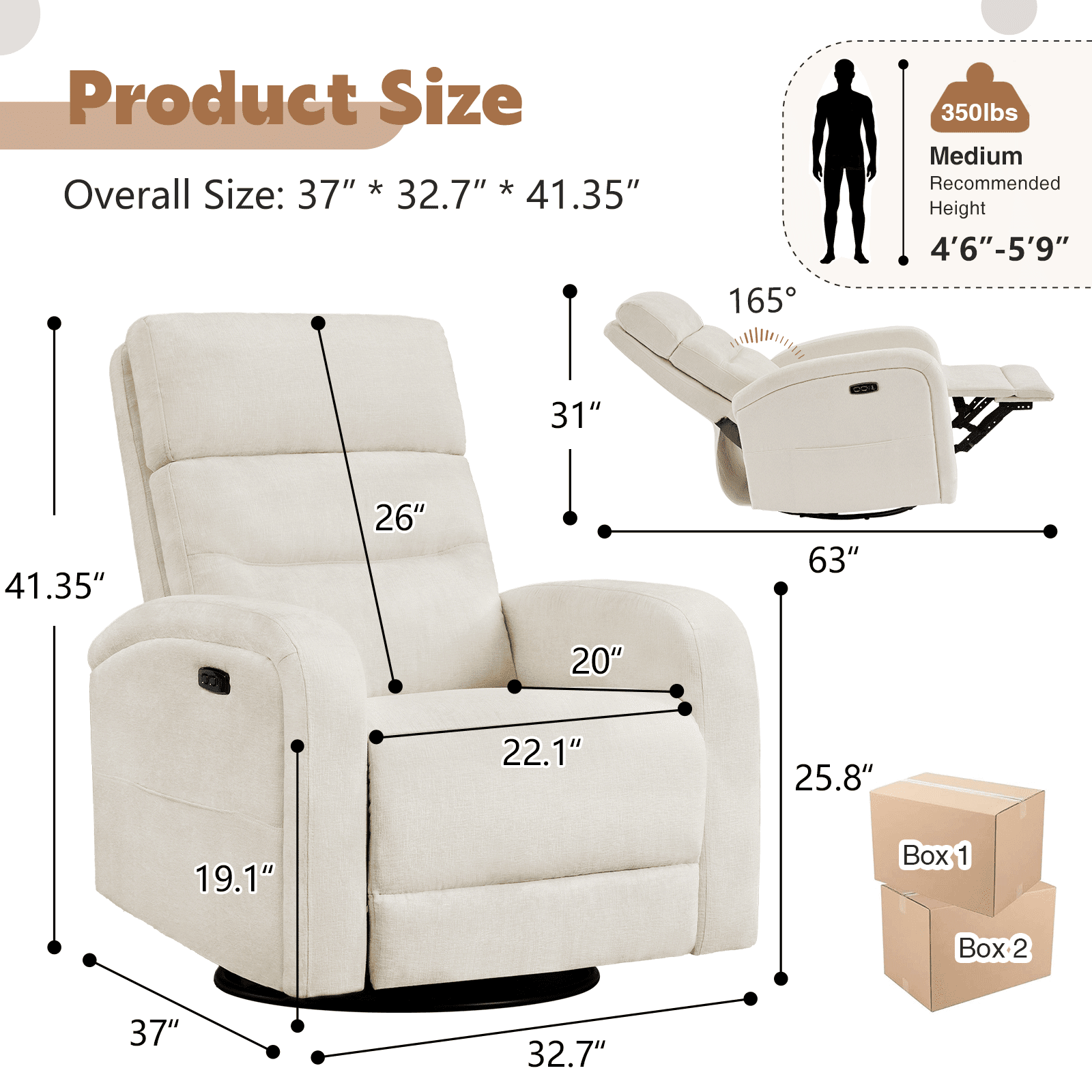 Aemeios Power Swivel Rocker Recliner Chair, Chenille Nursery Recliner for Living Room, Camel