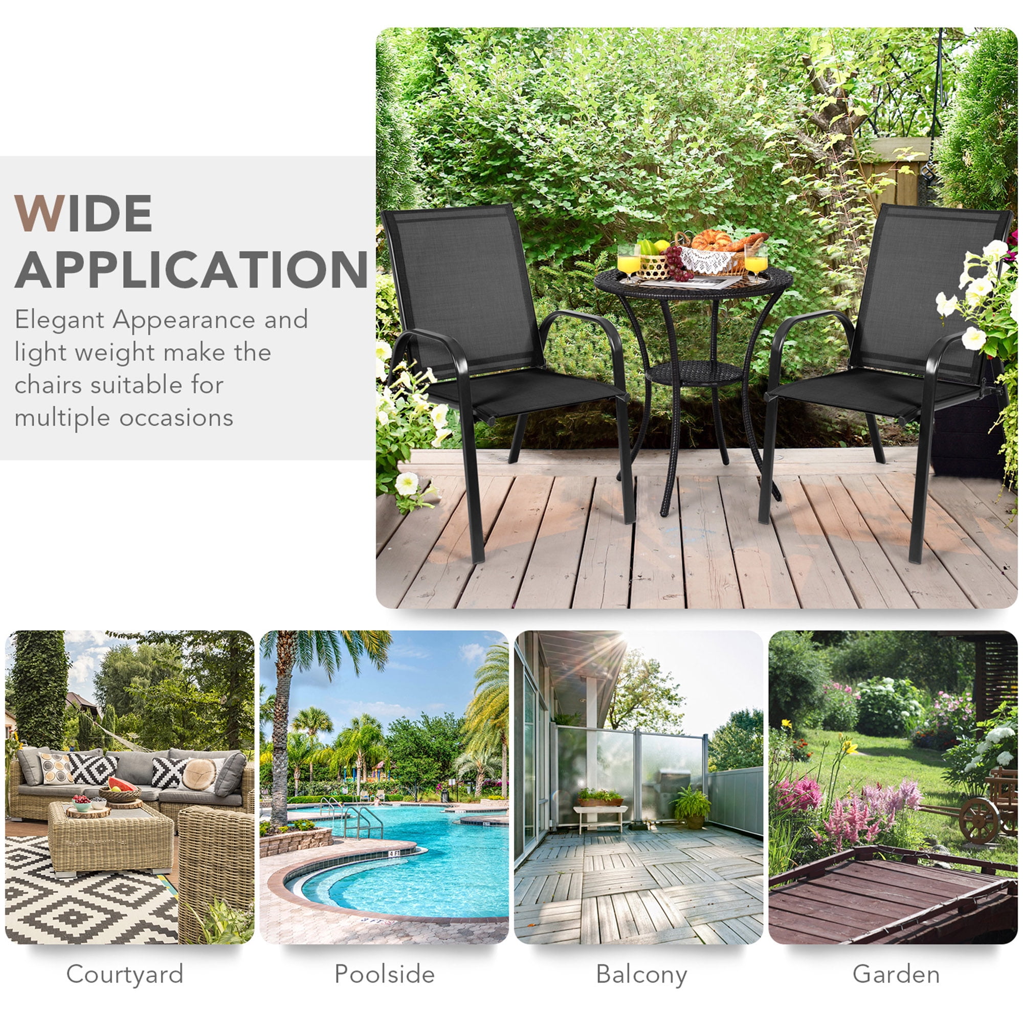 Gymax Set of 2 Patio Chairs Dining Chairs w/ Steel Frame Yard Outdoor Black