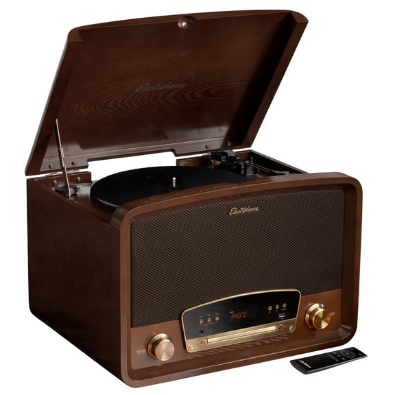 Electrohome Kingston 7-in-1 Vintage Vinyl Record Player Stereo System with 3-Speed Turntable, Bluetooth, AM/FM Radio, CD, Aux In, RCA/Headphone Out, Vinyl/CD to MP3 Recording & USB Playback (RR75)