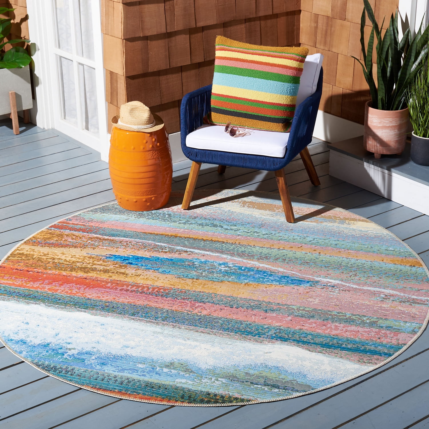 SAFAVIEH Barbados Abstract Beach Outdoor Area Rug, Light Blue/Pink, 6'6" x 6'6" Round