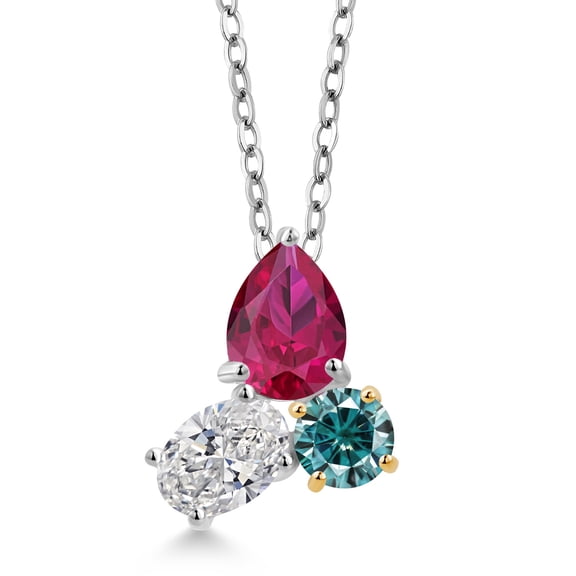 925 Silver and 10K Yellow Gold Created Ruby and Lab Grown Diamond and Blue Moissanite Pendant Necklace for Women | 2.45 Cttw | Pear Shape 8X6MM | Oval 7X5MM | Round 5MM | with 18 inch Chain