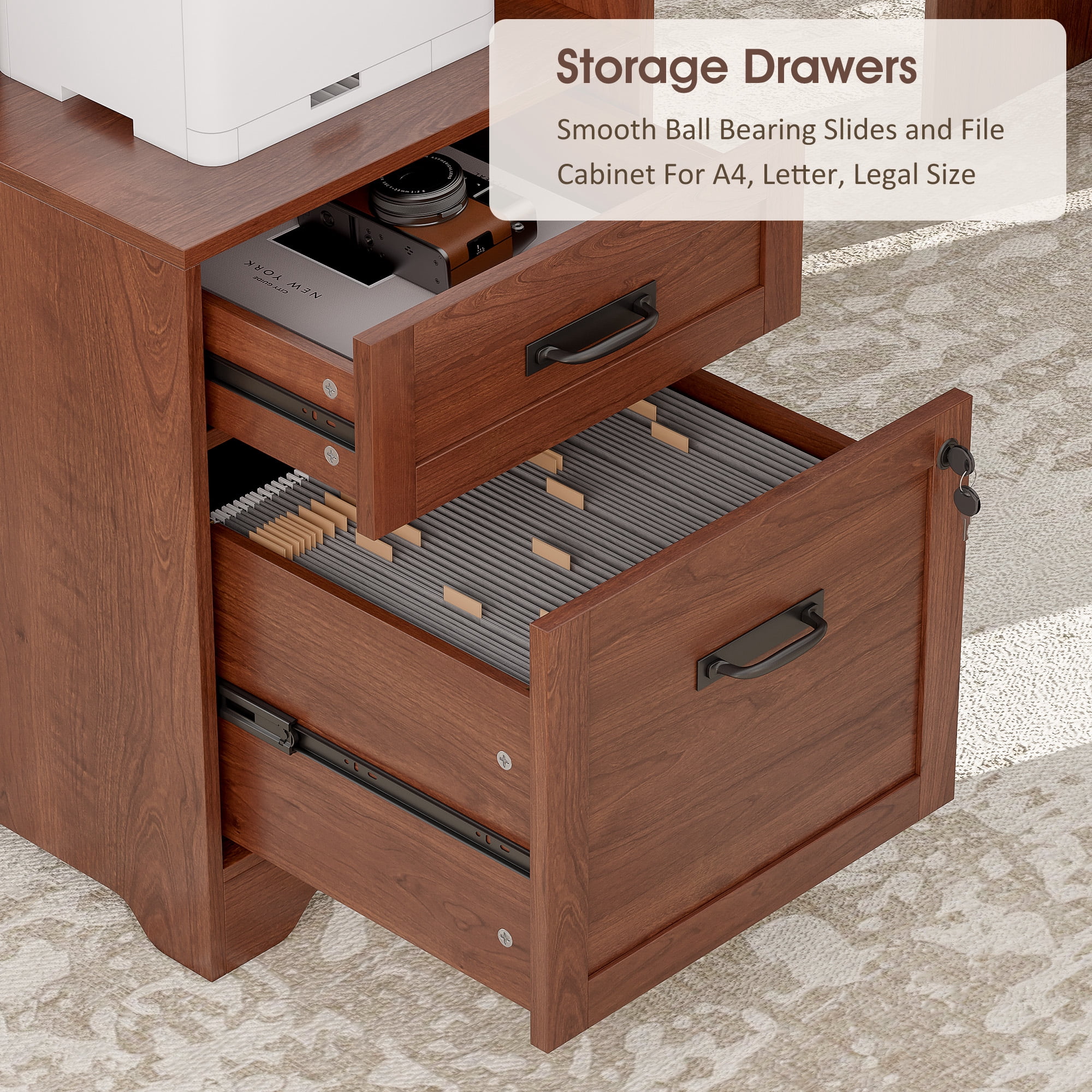 63'' Farmhouse L Shaped Desk with Drawers, Corner Computer Desk with Monitor Stand for Home Office, Cherry Brown
