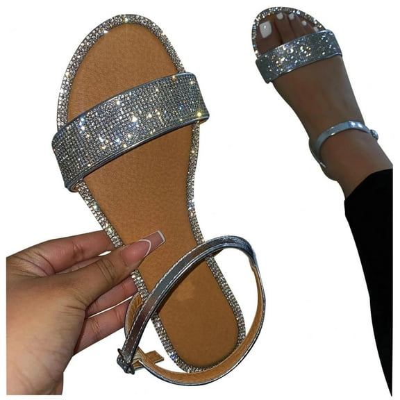 Women's Rhinestone Two Strap Buckle Sandal Cute Open Toes Ankle Strap Flexible Summer Cute Flat Sandals Dresssy