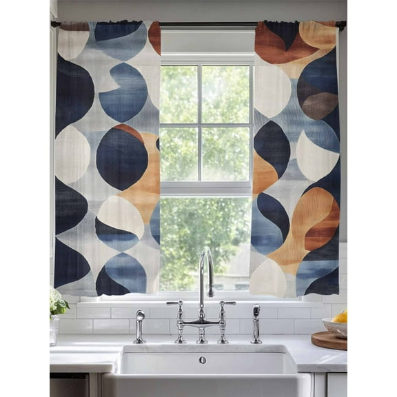 Navy Blue Burnt Orange Sheer Curtains for Living Room Bedroom Retro Abstract Geometric Sheer Curtains 63 Inch Long 2 Panels Set Light Filtering Curtain Window Treatments Drapes for Dining Room