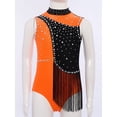 thumbnail image 3 of Lejafay Kids Girls Skating Jumpsuit Shiny Rhinestone Ballet Rhythmic Gymnastics Leotards Fringe Bodysuit Orange 6, 3 of 7