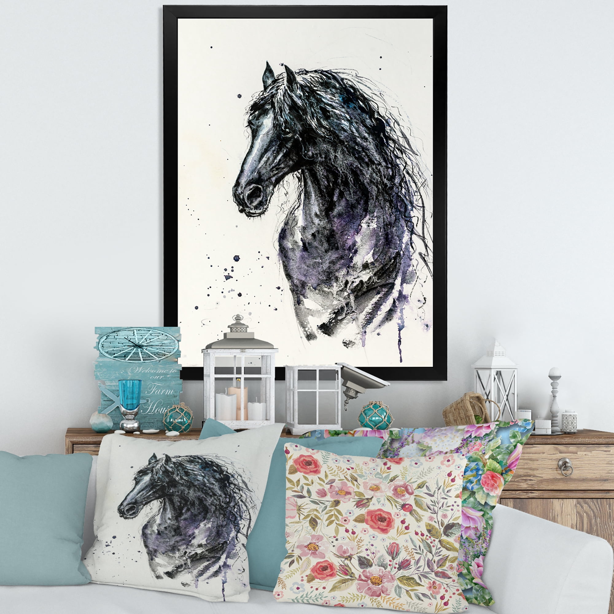 Designart 'Close Up of Friesian Horse With Long Manes' Farmhouse Framed Art Print