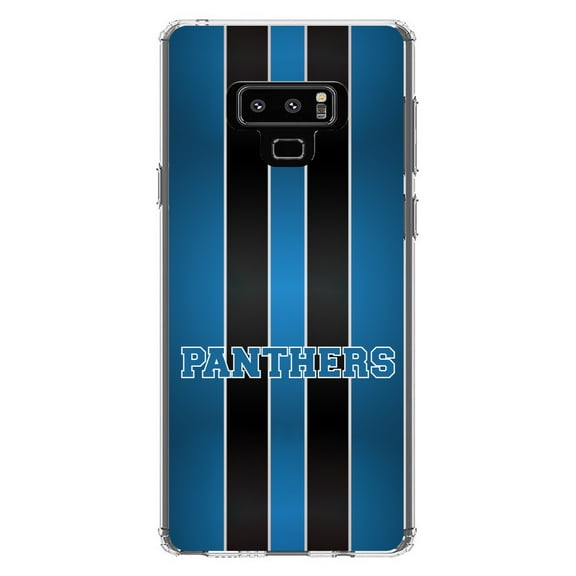 DistinctInk Clear Shockproof Hybrid Case for Samsung Galaxy Note 9 - TPU Bumper, Acrylic Back, Tempered Glass Screen Protector - Blue Black Panthers - Football Team