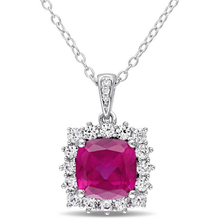Tangelo 3-3/5 Carat T.G.W. Created Ruby and Created White Sapphire with Diamond-Accent Sterling Silver Halo Pendant, 18