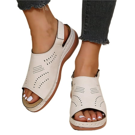 

lizyue 1 Pair Adjusting Buckle Open Toe Women Sandals Fine Sewing Crafts Hollow Out Embroidery Wedge Shoes Walking Shoes