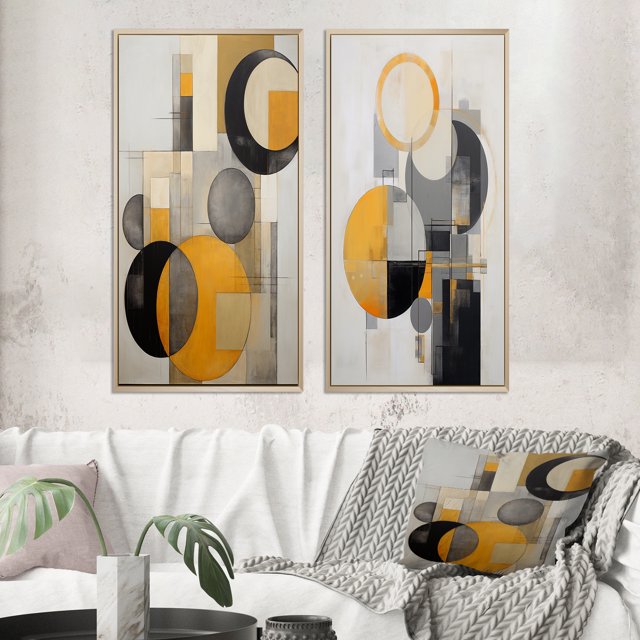 Designart "Retro Possibility Circular Energy II" Modern Geometric Framed Wall Art Set Of 2 - Modern Yellow Framed Canvas Set For Living Room Decor