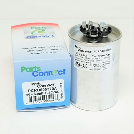 

USA Run Capacitor 60 + 5 mfd (uf) 370 Volt Dual Round American Made PartsConnect PCRD605370A