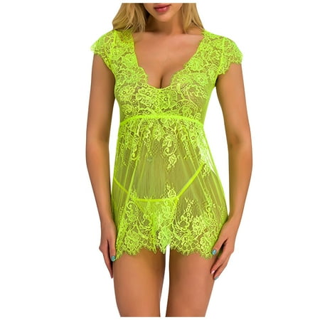 

DNDKILG Womens Teddy Eyelash Sleepwear Short Sleeve Sexy Chemise Nightgown Lace Lingerie Fluorescent Green M