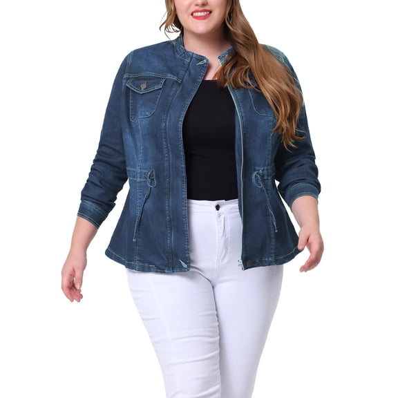 Agnes Orinda Women's Plus Size Fall Outfits Drawstring Waist Zipper Denim Jacket 4X Navy Blue