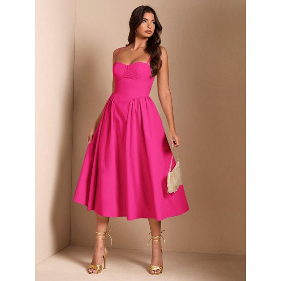 Hot Pink Spaghetti Strap Fit & Flare Midi Dress For Party, Evening Or Elegant Casual Wear