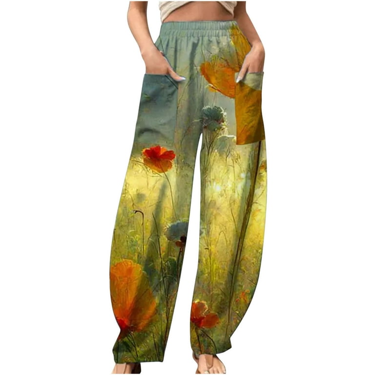 Wide Leg Pants for Women Dip Dye Floral High Elastic Waist Summer