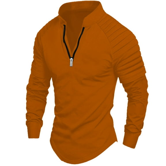 Golf Shirts for Men with Zipper Stand Collared Long Sleeve Sweatshirts Casual Pullover Solid Color Pleated Athletic Workout T-Shirts Tops