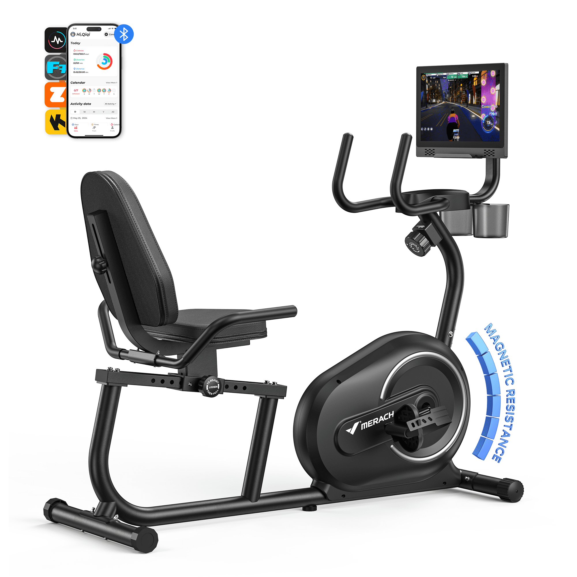 MERACH Recumbent Exercise Bike with Screen, Magnetic Resistance, Bluetooth APP, Adjustable Seat & Backrest, 350 LBS Capacity, Indoor Stationary Bike for Seniors & Home Cardio
