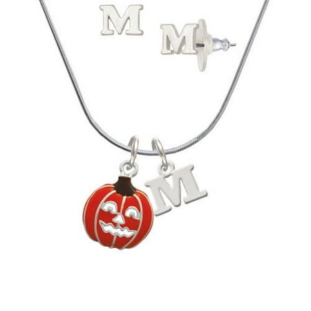 Jack O Lantern with Cutout Eyes – M Initial Charm Necklace and Stud Earrings Jewelry Set