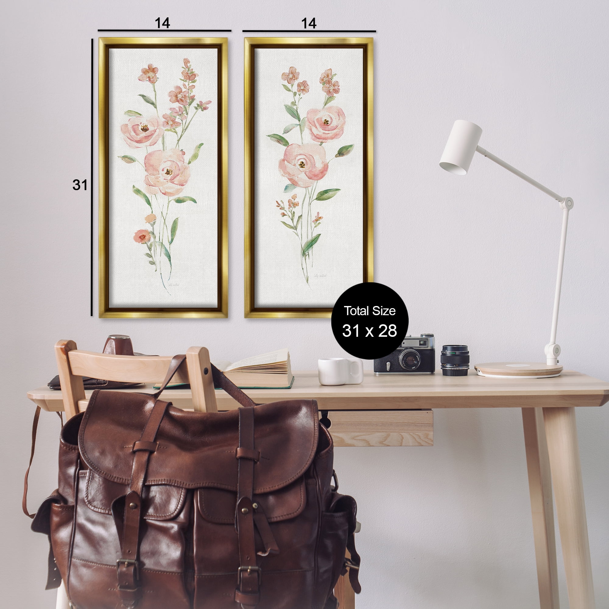 Stupell Industries Simple Pink Watercolor Flowers Plants & Flowers Painting Gold Floater Framed Canvas Art Print Wall Art, 14 x 31, Set of 2